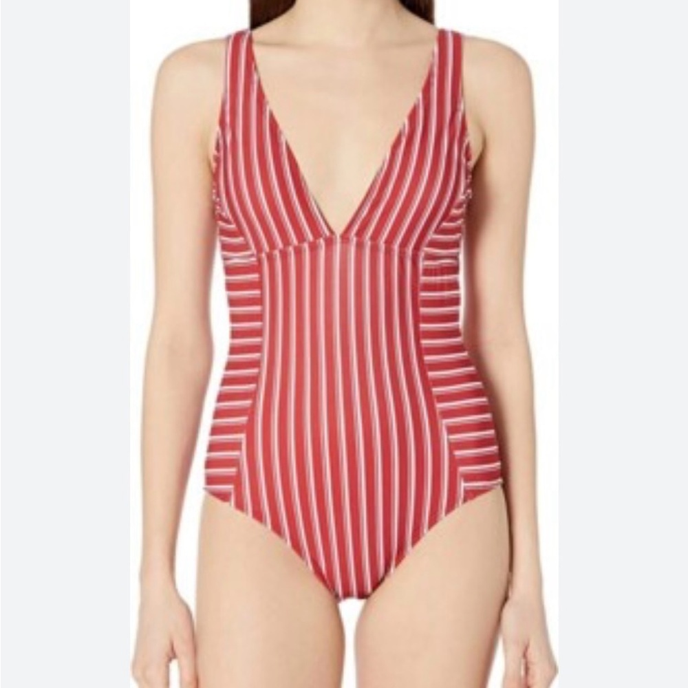 NWT Ella Moss Straight & Narrow Sz M Red Striped Plunge One-Piece Swimsuit